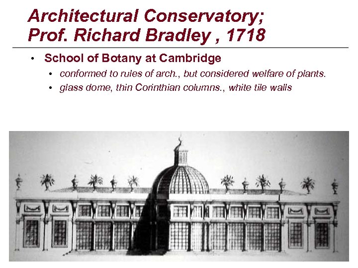 Architectural Conservatory; Prof. Richard Bradley , 1718 • School of Botany at Cambridge •