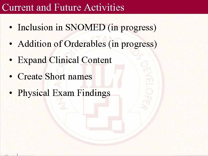 Future and Future Activities Current • Inclusion in SNOMED (in progress) • Addition of