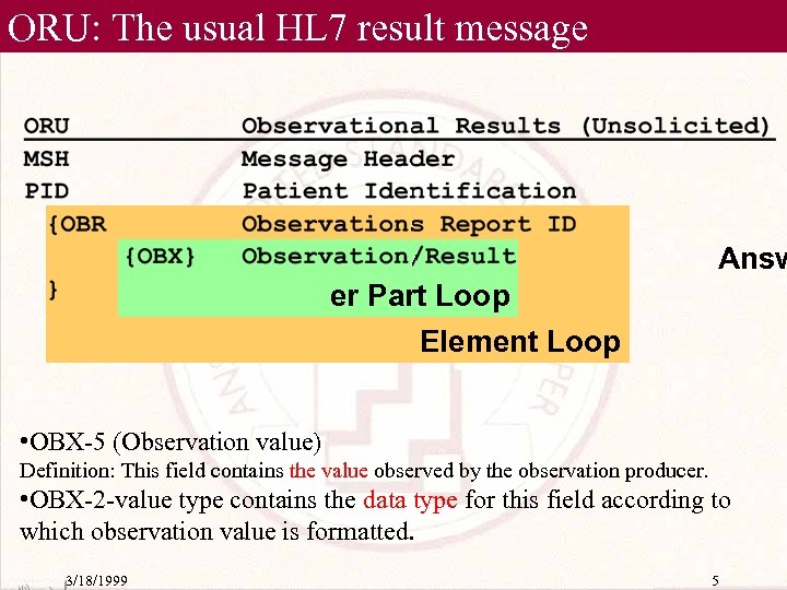 ORU: The usual HL 7 result message Answ er Part Loop Element Loop •