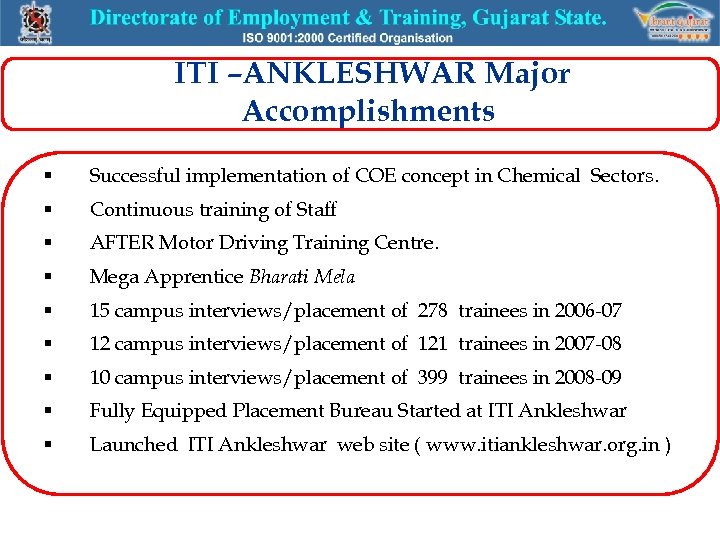 ITI –ANKLESHWAR Major Accomplishments § Successful implementation of COE concept in Chemical Sectors. §