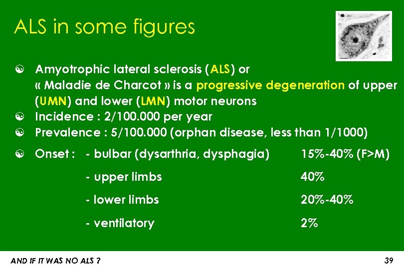 ALS in some figures ☯ Amyotrophic lateral sclerosis (ALS) or « Maladie de Charcot