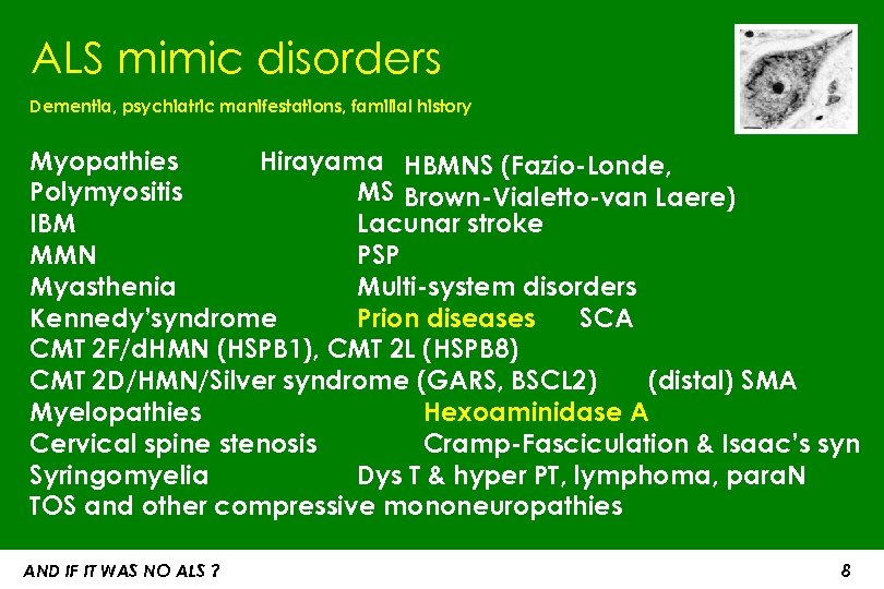 ALS mimic disorders Dementia, psychiatric manifestations, familial history Myopathies Hirayama HBMNS (Fazio-Londe, Polymyositis MS