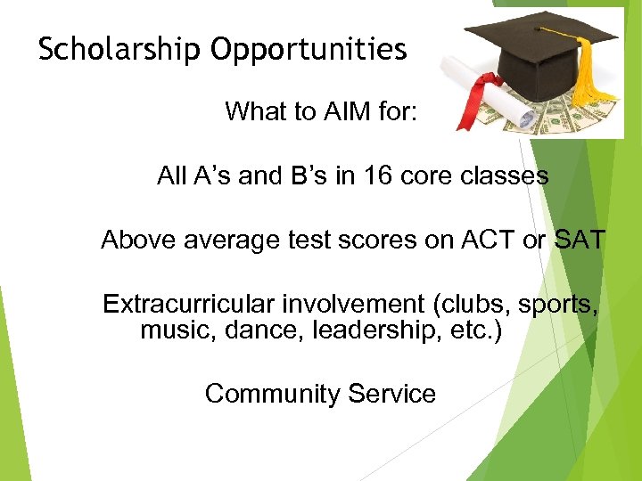 Scholarship Opportunities What to AIM for: All A’s and B’s in 16 core classes