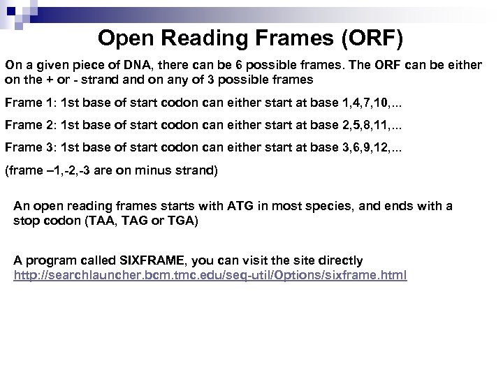 Open Reading Frames (ORF) On a given piece of DNA, there can be 6
