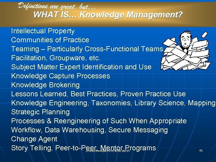 Definitions are great, but… WHAT IS… Knowledge Management? Intellectual Property Communities of Practice Teaming