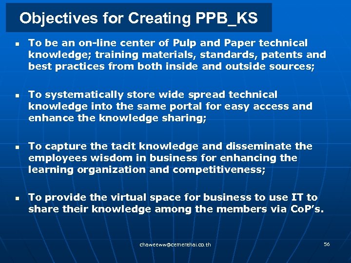 Objectives for Creating PPB_KS n n To be an on-line center of Pulp and