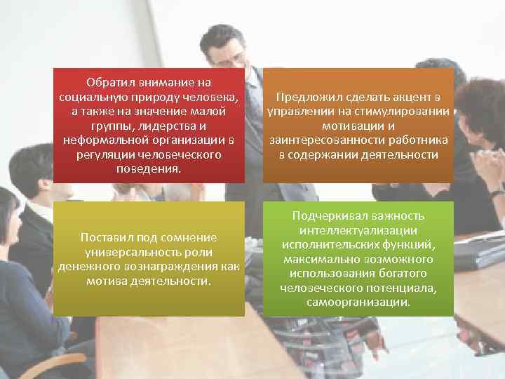 Обратил внимание на социальную природу человека, а также на значение малой группы, лидерства и