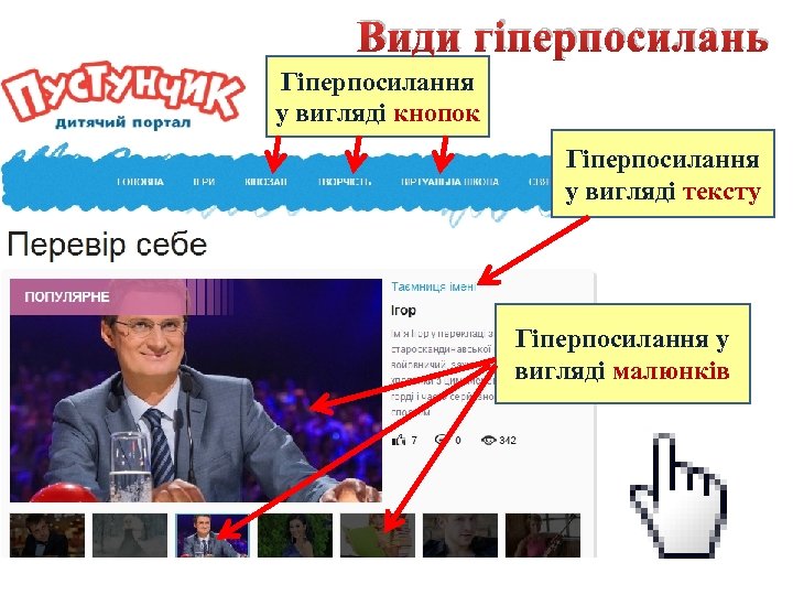 Види гіперпосилань Гіперпосилання у вигляді кнопок Гіперпосилання у вигляді тексту Гіперпосилання у вигляді малюнків