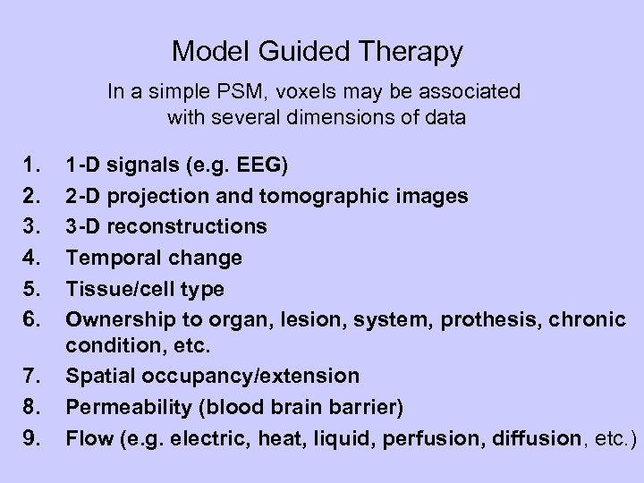 Model Guided Therapy In a simple PSM, voxels may be associated with several dimensions