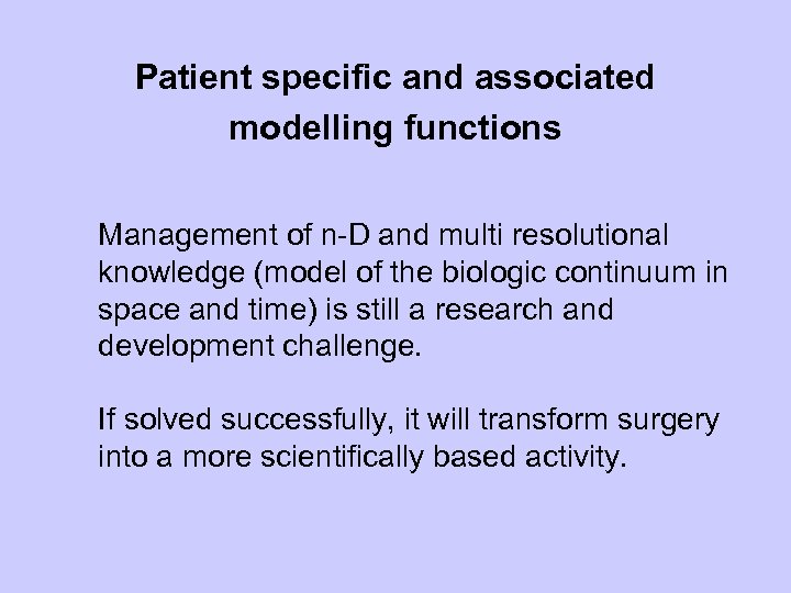 Patient specific and associated modelling functions Management of n-D and multi resolutional knowledge (model