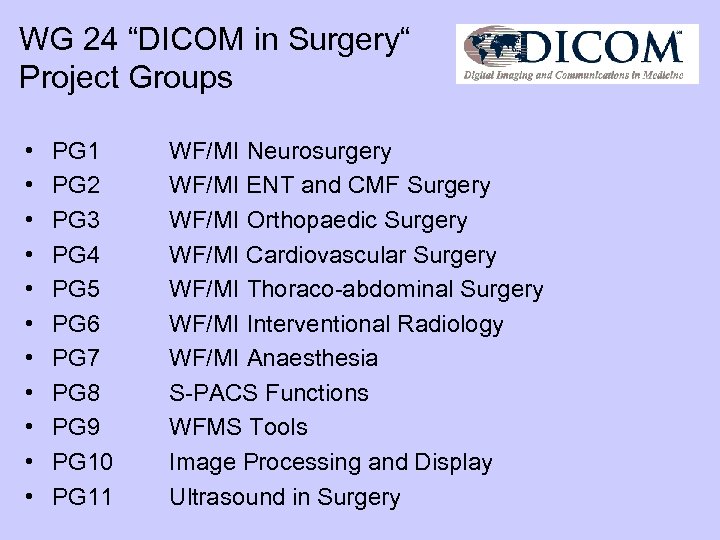 WG 24 “DICOM in Surgery“ Project Groups • • • PG 1 PG 2
