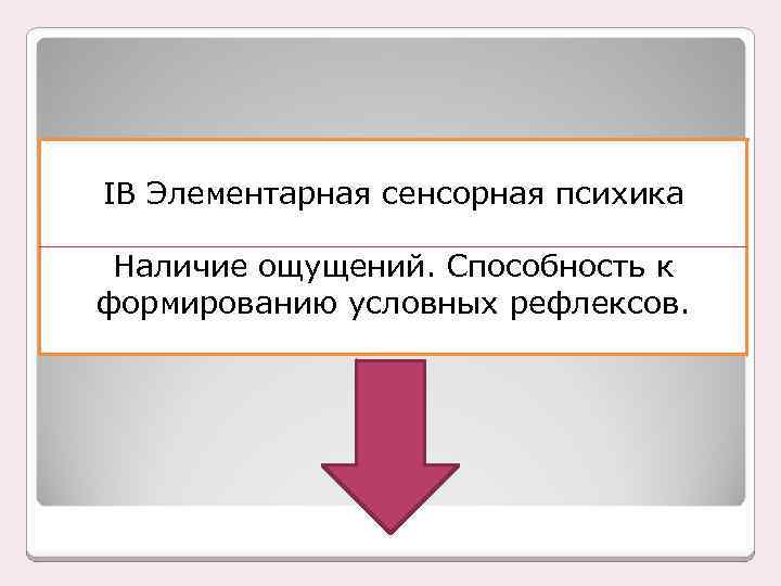 ІВ Элементарная сенсорная психика Наличие ощущений. Способность к формированию условных рефлексов. 