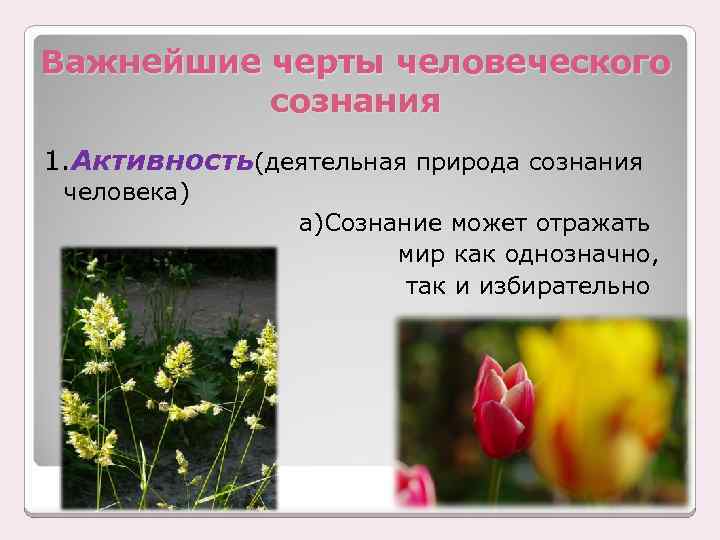 Важнейшие черты человеческого сознания 1. Активность(деятельная природа сознания человека) а)Сознание может отражать мир как