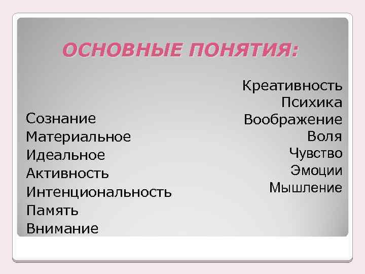 ОСНОВНЫЕ ПОНЯТИЯ: Сознание Материальное Идеальное Активность Интенциональность Память Внимание Креативность Психика Воображение Воля Чувство