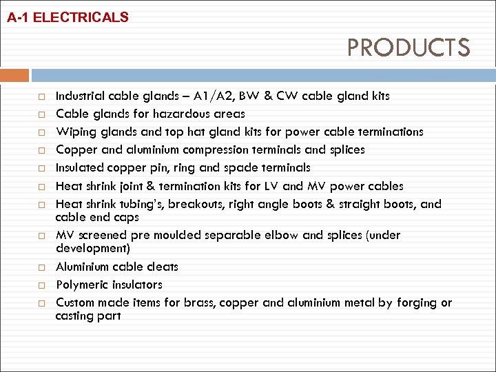 A-1 ELECTRICALS PRODUCTS Industrial cable glands – A 1/A 2, BW & CW cable
