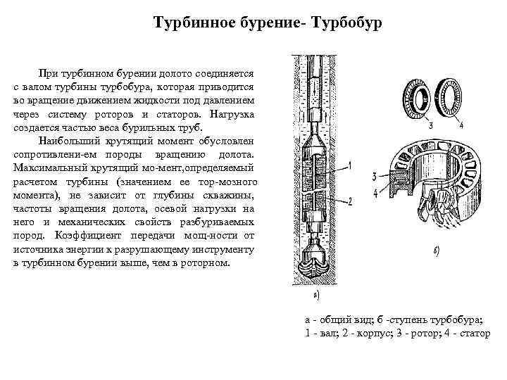  Турбинное бурение Турбобур При турбинном бурении долото соединяется с валом турбины турбобура, которая