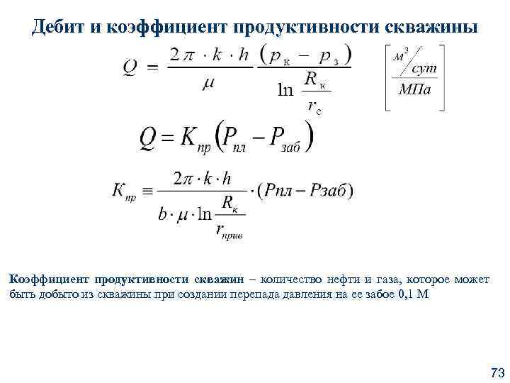Дебит и коэффициент продуктивности скважины Коэффициент продуктивности скважин – количество нефти и газа, которое
