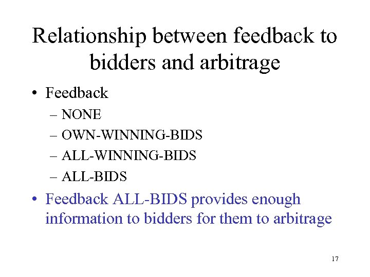 Relationship between feedback to bidders and arbitrage • Feedback – NONE – OWN-WINNING-BIDS –