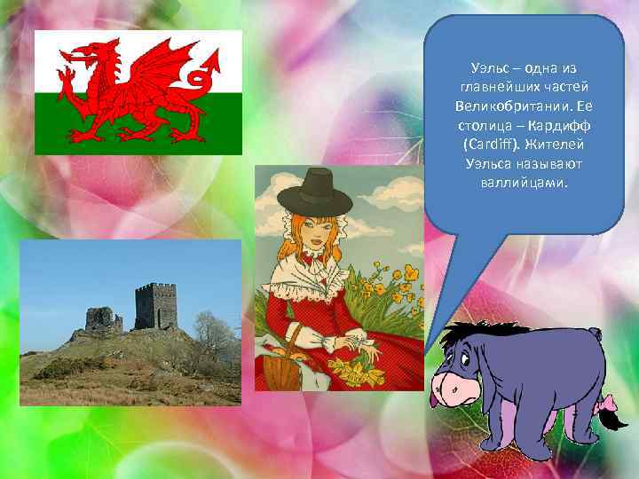 Уэльс – одна из главнейших частей Великобритании. Ее столица – Кардифф (Cardiff). Жителей Уэльса