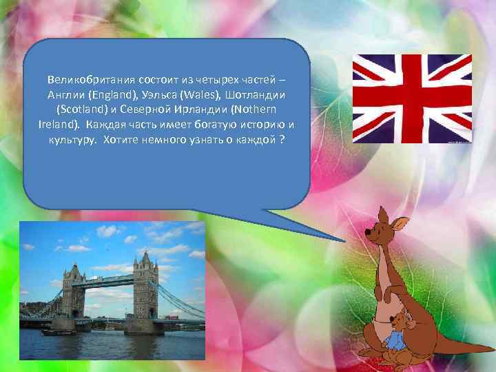 Великобритания состоит из четырех частей – Англии (England), Уэльса (Wales), Шотландии (Scotland) и Северной