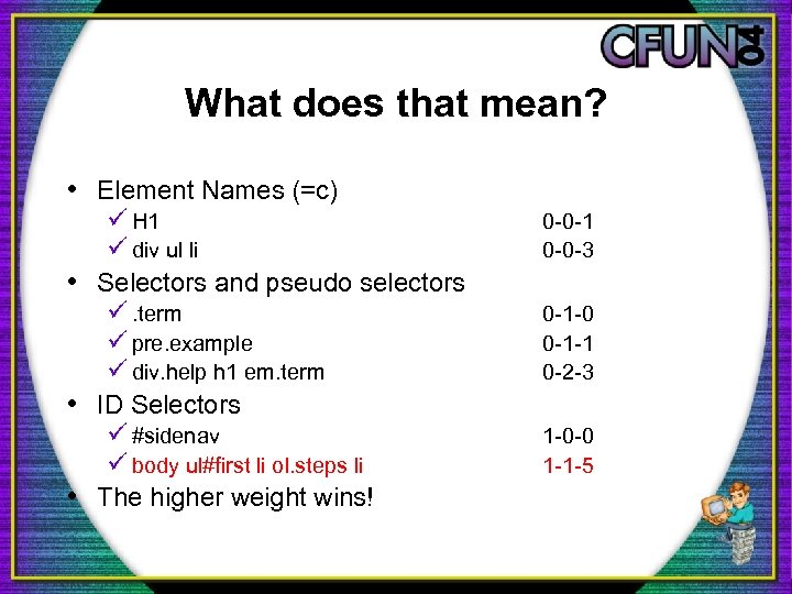 What does that mean? • Element Names (=c) ü H 1 ü div ul