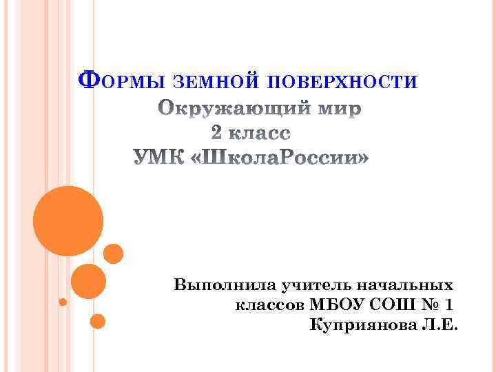 ФОРМЫ ЗЕМНОЙ ПОВЕРХНОСТИ Выполнила учитель начальных классов МБОУ СОШ № 1 Куприянова Л. Е.