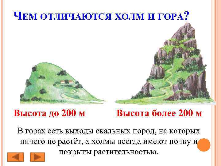 ЧЕМ ОТЛИЧАЮТСЯ ХОЛМ И ГОРА? Высота до 200 м Высота более 200 м В