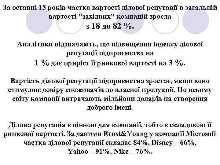 За останні 15 років частка вартості ділової репутації в загальній вартості 