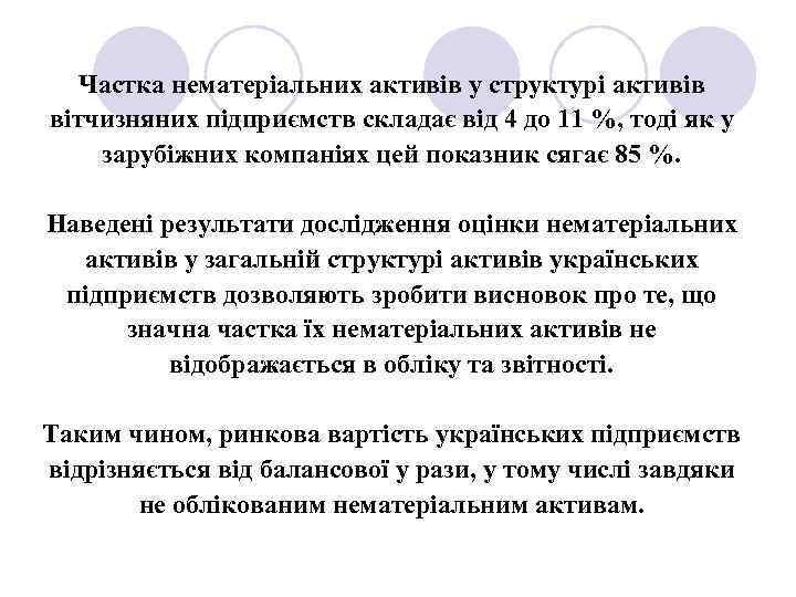 Частка нематеріальних активів у структурі активів вітчизняних підприємств складає від 4 до 11 %,