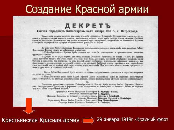 Создание Красной армии Крестьянская Красная армия 29 января 1918 г. -Красный флот 