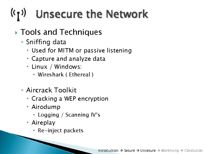 Unsecure the Network Tools and Techniques ◦ Sniffing data Used for MITM or passive