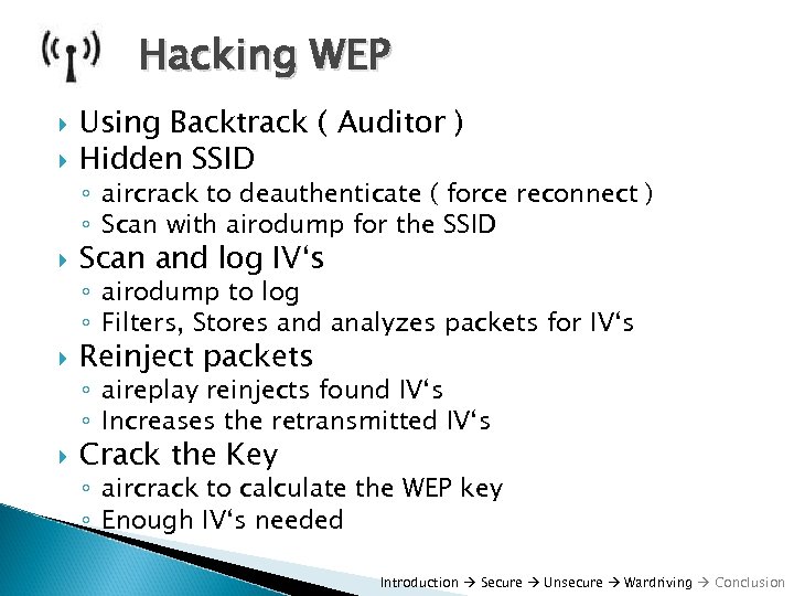 Hacking WEP Using Backtrack ( Auditor ) Hidden SSID ◦ aircrack to deauthenticate (