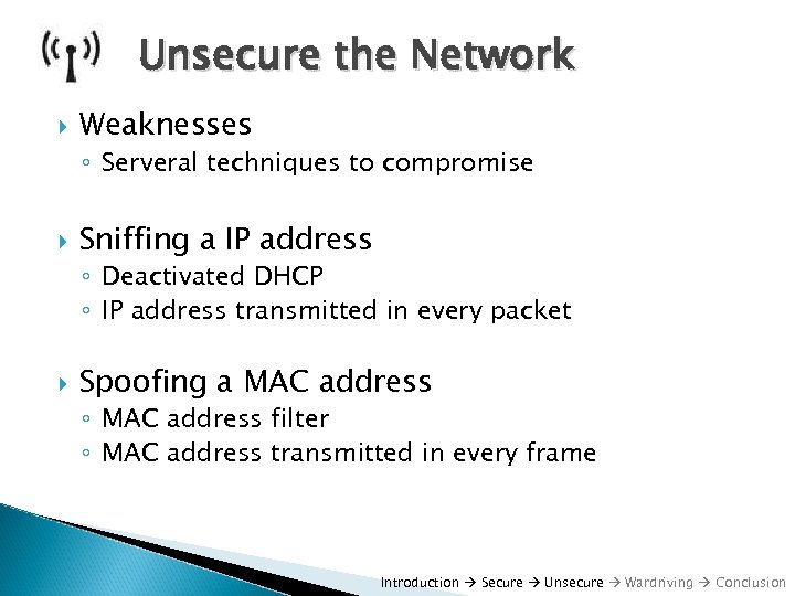 Unsecure the Network Weaknesses ◦ Serveral techniques to compromise Sniffing a IP address ◦