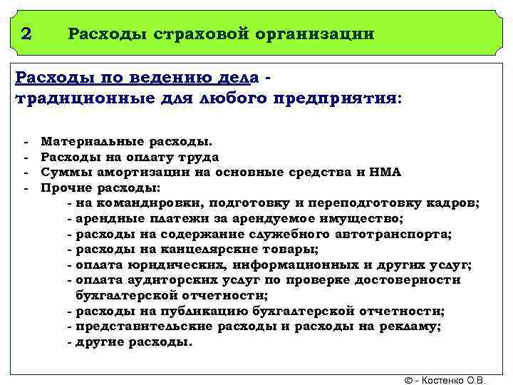 2 Расходы страховой организации Расходы по ведению дела традиционные для любого предприятия: - Материальные
