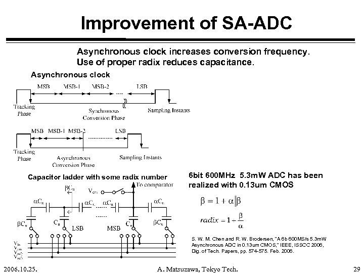 Improvement of SA-ADC Asynchronous clock increases conversion frequency. Use of proper radix reduces capacitance.