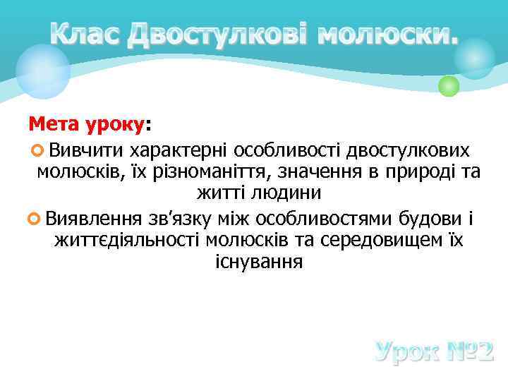 Мета уроку: ¢ Вивчити характерні особливості двостулкових молюсків, їх різноманіття, значення в природі та