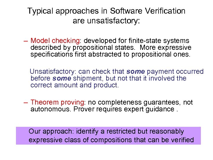 Typical approaches in Software Verification are unsatisfactory: – Model checking: developed for finite-state systems