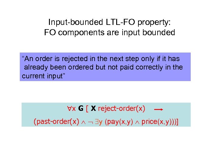Input-bounded LTL-FO property: FO components are input bounded “An order is rejected in the
