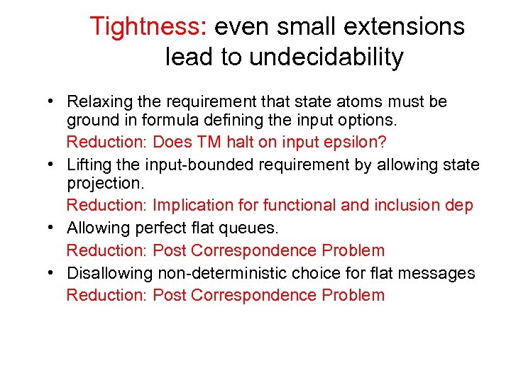 Tightness: even small extensions lead to undecidability • Relaxing the requirement that state atoms