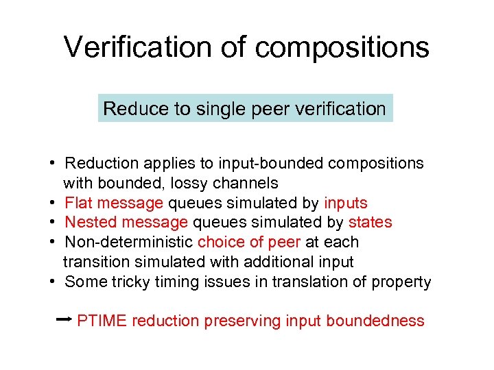 Verification of compositions Reduce to single peer verification • Reduction applies to input-bounded compositions
