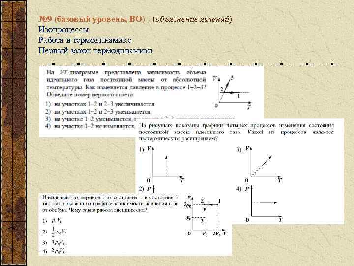 № 9 (базовый уровень, ВО) - (объяснение явлений) Изопроцессы Работа в термодинамике Первый закон