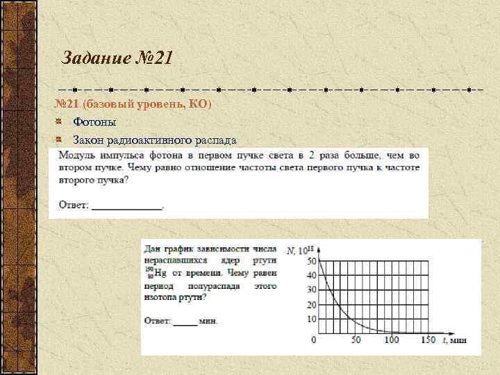 Задание № 21 (базовый уровень, КО) Фотоны Закон радиоактивного распада 