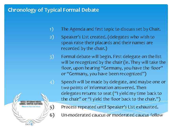 Chronology of Typical Formal Debate 1) The Agenda and first topic to discuss set