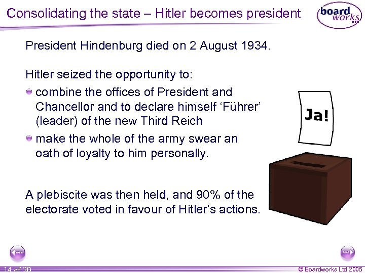 Consolidating the state – Hitler becomes president President Hindenburg died on 2 August 1934.