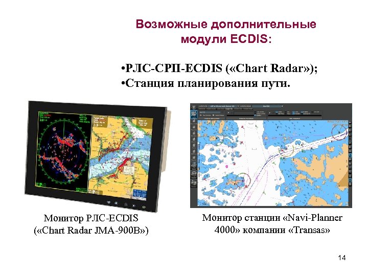 Возможные дополнительные модули ECDIS: • РЛС-СРП-ECDIS ( «Chart Radar» ); • Станция планирования пути.