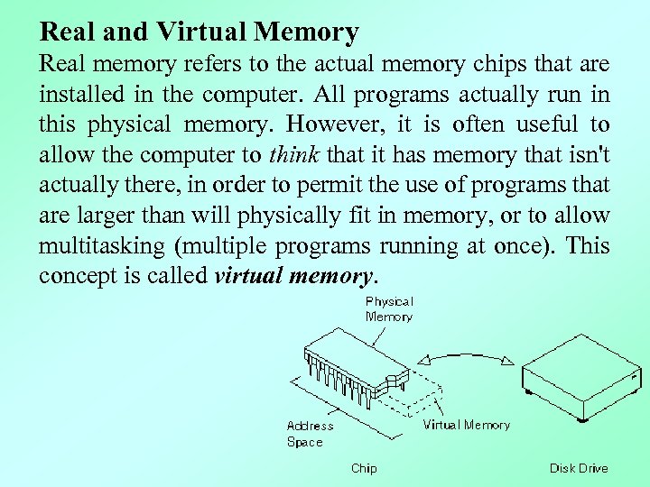 Real and Virtual Memory Real memory refers to the actual memory chips that are