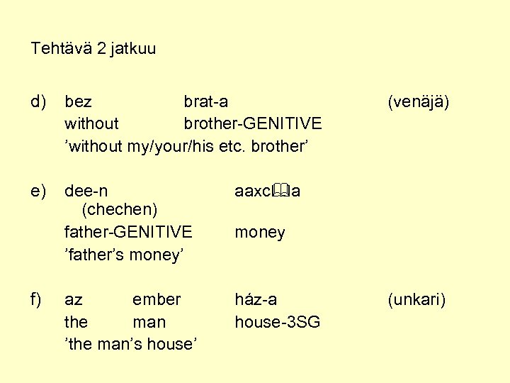 Tehtävä 2 jatkuu d) bez brat-a without brother-GENITIVE ’without my/your/his etc. brother’ e) dee-n