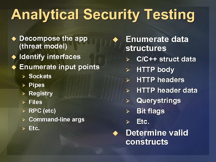 Analytical Security Testing u u u Decompose the app (threat model) Identify interfaces Enumerate