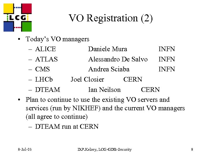 VO Registration (2) • Today’s VO managers – ALICE Daniele Mura INFN – ATLAS