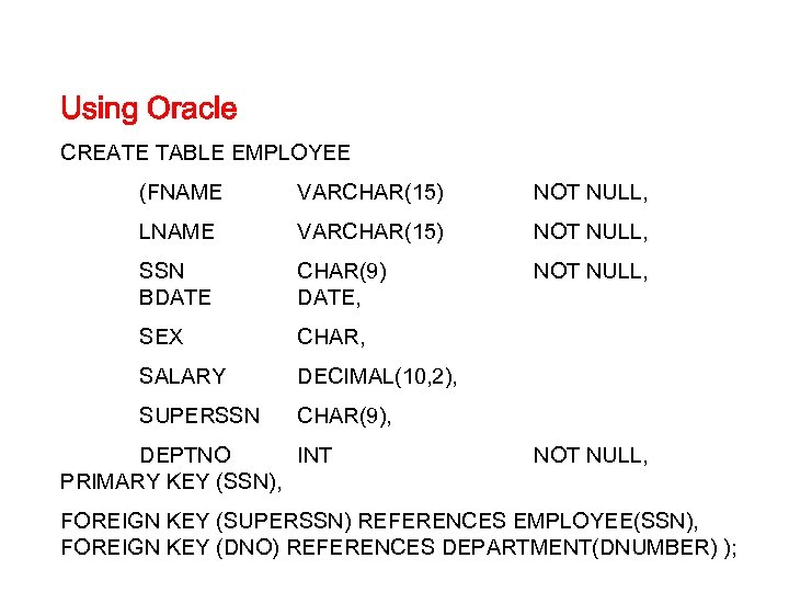 Using Oracle CREATE TABLE EMPLOYEE (FNAME VARCHAR(15) NOT NULL, LNAME VARCHAR(15) NOT NULL, SSN